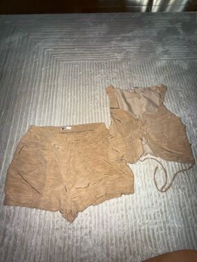 Zara Tan Two-Piece Linen Tie-Front Vest and Shorts Set